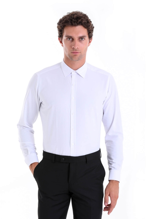 Hatemoğlu - Beyaz Slim Fit Düz Pamuklu Slim Yaka Uzun Kollu Klasik Gömlek
