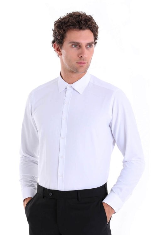 Beyaz Slim Fit Düz Pamuklu Slim Yaka Uzun Kollu Klasik Gömlek - Thumbnail (1)