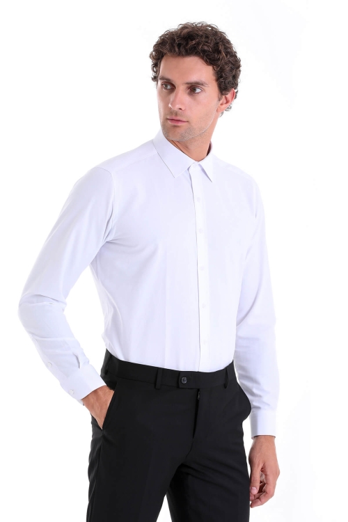 Beyaz Slim Fit Düz Pamuklu Slim Yaka Uzun Kollu Klasik Gömlek - Thumbnail (2)