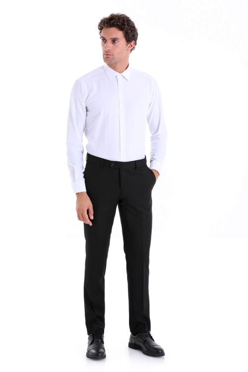 Beyaz Slim Fit Düz Pamuklu Slim Yaka Uzun Kollu Klasik Gömlek - Thumbnail (3)