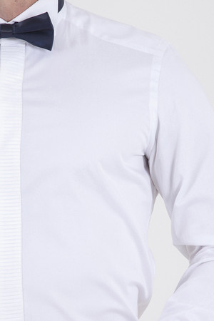 Beyaz Slim Fit Ata Yaka Düz %100 Pamuk Uzun Kollu Damatlık Gömlek - Thumbnail
