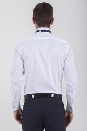 Beyaz Slim Fit Ata Yaka Düz %100 Pamuk Uzun Kollu Damatlık Gömlek - Thumbnail