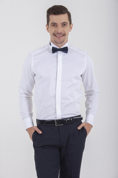 Beyaz Slim Fit Ata Yaka %100 Pamuk Uzun Kollu Damatlık Gömlek - 1