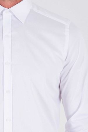 Beyaz Slim Fit Düz 100% Pamuk Manşetli Uzun Kol Slim Yaka Klasik Saten Gömlek - Thumbnail