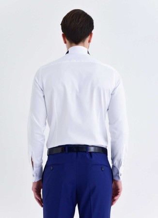 Beyaz Slim Fit Ata Yaka Desenli %100 Pamuk Uzun Kollu Damatlık Gömlek - Thumbnail