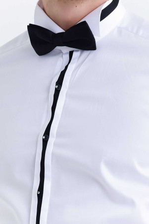 Beyaz Slim Fit Ata Yaka Şeritli %100 Pamuk Uzun Kollu Damatlık Gömlek - Thumbnail