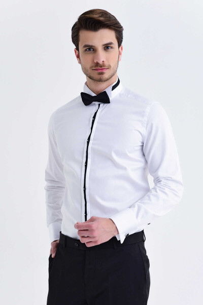Beyaz Slim Fit Ata Yaka Şeritli %100 Pamuk Uzun Kollu Damatlık Gömlek - 1