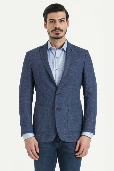 Slim Fit Kareli Lacivert Ceket - 1