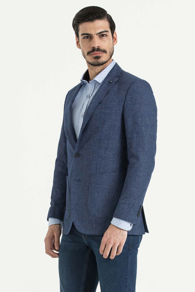 Slim Fit Kareli Lacivert Ceket - 3