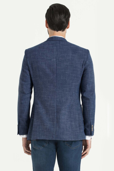 Slim Fit Kareli Lacivert Ceket - 4