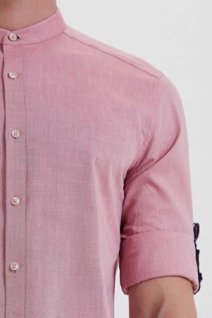 Kırmızı Slim Fit Düz 100% Pamuk Uzun Kol Spor Gömlek - Thumbnail