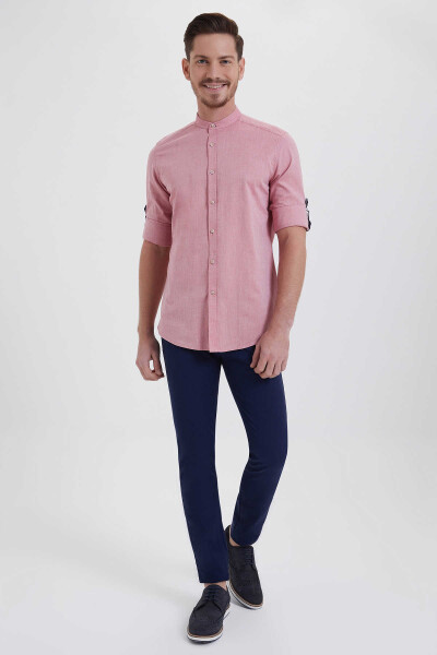 Kırmızı Slim Fit 100% Pamuk Uzun Kol Spor Gömlek - 2