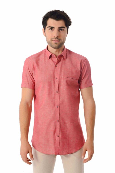 Kırmızı Slim Fit Kısa Kol Keten Gömlek - 1