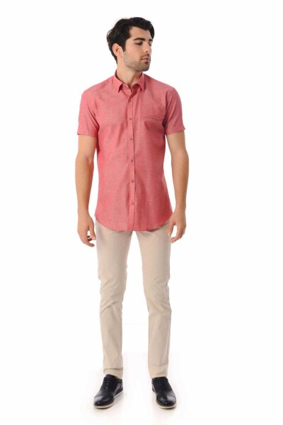 Kırmızı Slim Fit Kısa Kol Keten Gömlek - 2