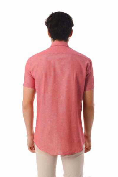 Kırmızı Slim Fit Kısa Kol Keten Gömlek - 3