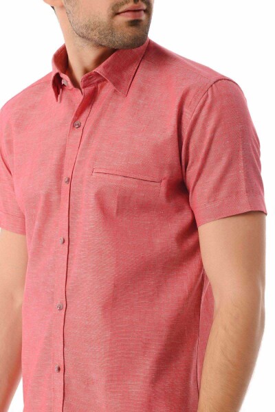 Kırmızı Slim Fit Kısa Kol Keten Gömlek - 4