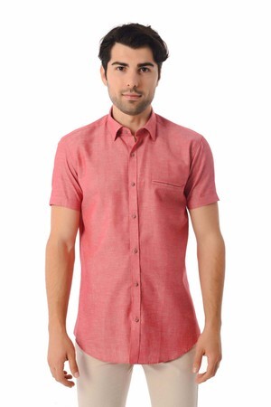 Kırmızı Slim Fit Kısa Kol Keten Gömlek - 5
