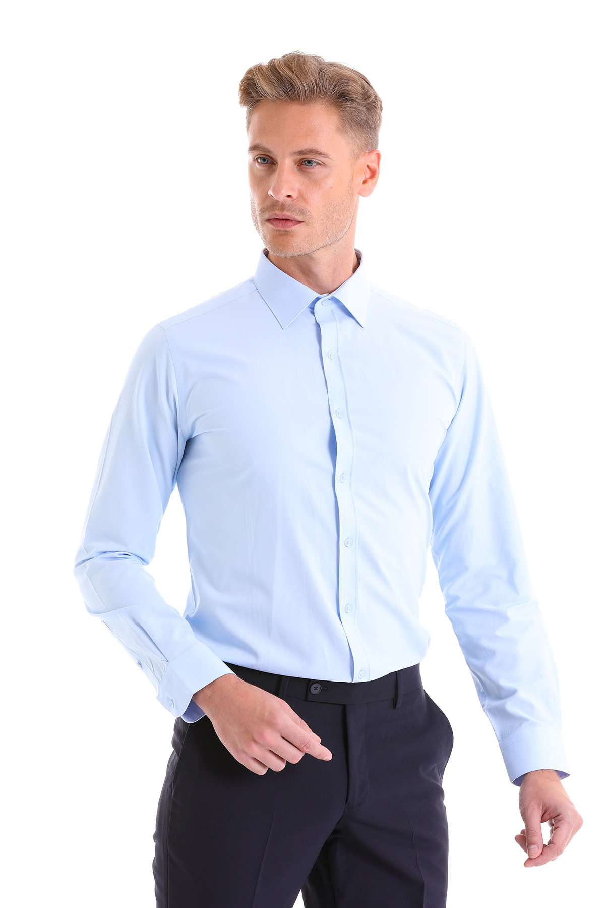 Mavi Slim Fit Düz Pamuklu Slim Yaka Uzun Kollu Klasik Gömlek