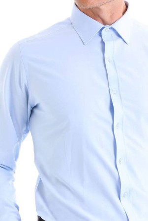 Mavi Slim Fit Düz Pamuklu Slim Yaka Uzun Kollu Klasik Gömlek - Thumbnail