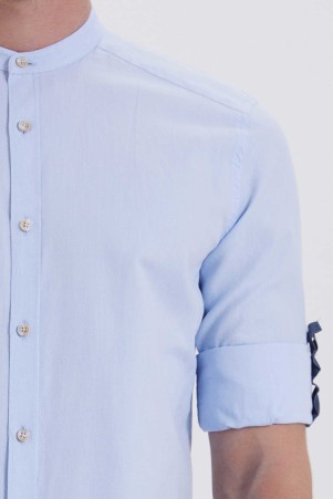 Mavi Slim Fit Düz 100% Pamuk Uzun Kol Spor Gömlek - Thumbnail