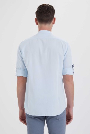 Mavi Slim Fit Düz 100% Pamuk Uzun Kol Spor Gömlek - Thumbnail