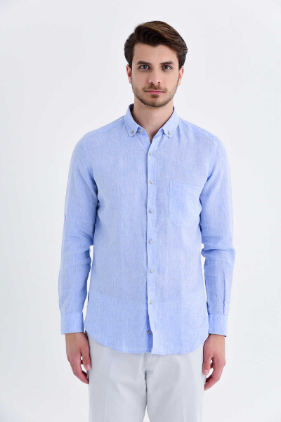 Mavi Slim Fit Keten Gömlek - 1