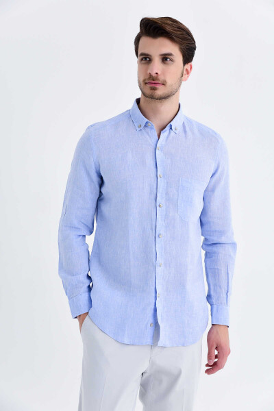Mavi Slim Fit Keten Gömlek - 9