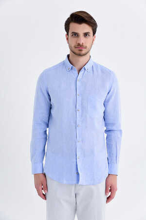 Mavi Slim Fit Keten Gömlek - 10