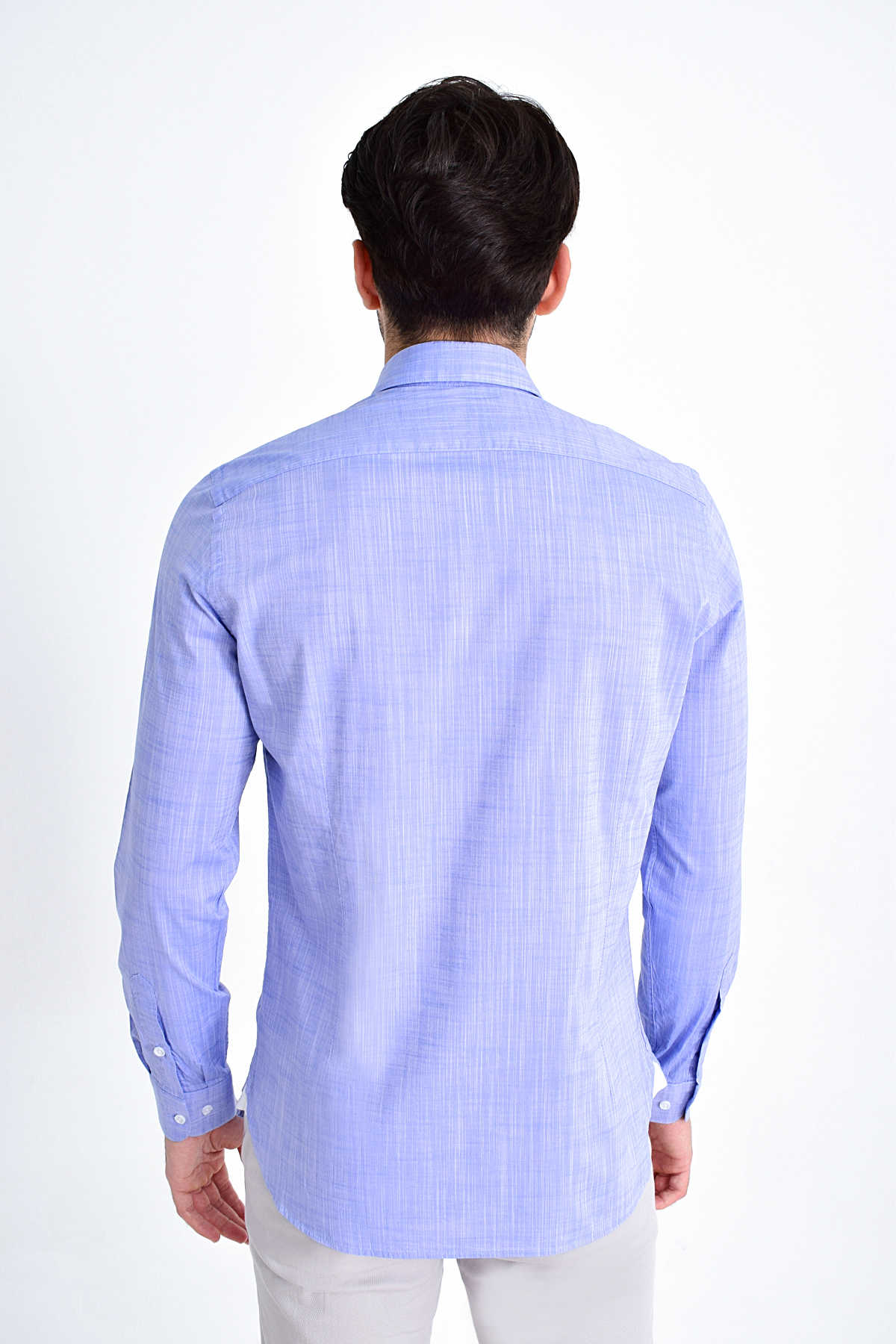 Mavi Slim Fit Düz Pamuklu Uzun Kol Gömlek