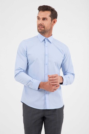 Mavi Slim Fit Düz 100% Pamuk Slim Yaka Uzun Kollu Klasik Saten Gömlek - Thumbnail
