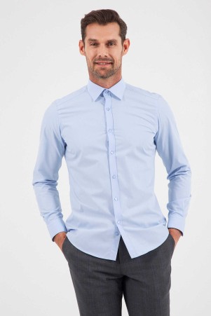Mavi Slim Fit Düz 100% Pamuk Slim Yaka Uzun Kollu Klasik Saten Gömlek - Thumbnail