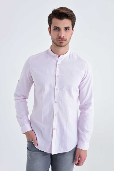 Pembe Slim Fit Düz 100% Pamuk Uzun Kol Spor Gömlek 