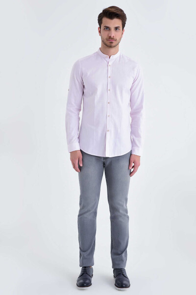 Pembe Slim Fit Düz 100% Pamuk Uzun Kol Spor Gömlek - 2