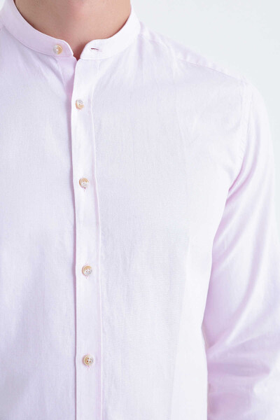 Pembe Slim Fit Düz 100% Pamuk Uzun Kol Spor Gömlek - 4