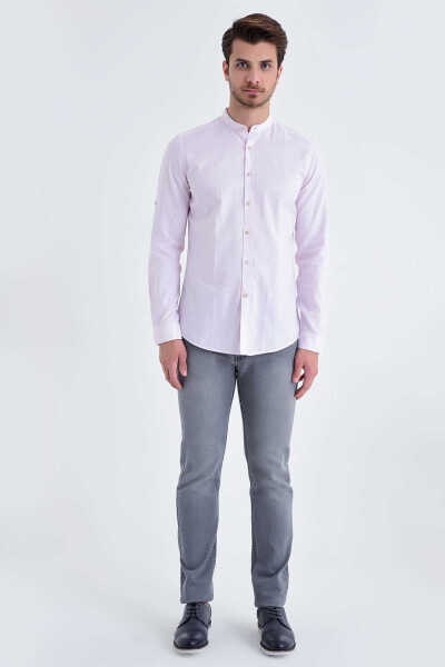 Pembe Slim Fit Düz 100% Pamuk Uzun Kol Spor Gömlek - 7
