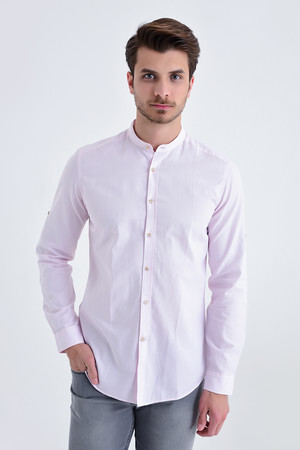 Pembe Slim Fit Düz 100% Pamuk Uzun Kol Spor Gömlek - 10