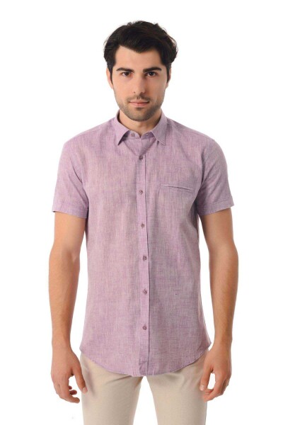 Pembe Slim Fit Kısa Kol Keten Gömlek - 1