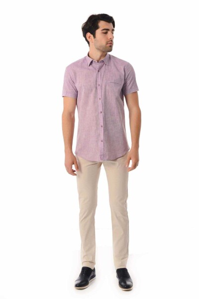 Pembe Slim Fit Kısa Kol Keten Gömlek - 2