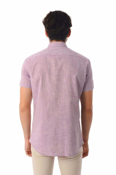 Pembe Slim Fit Kısa Kol Keten Gömlek - 3