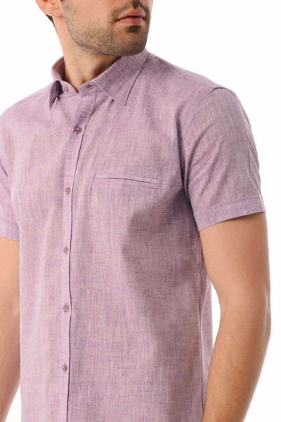 Pembe Slim Fit Kısa Kol Keten Gömlek - 4