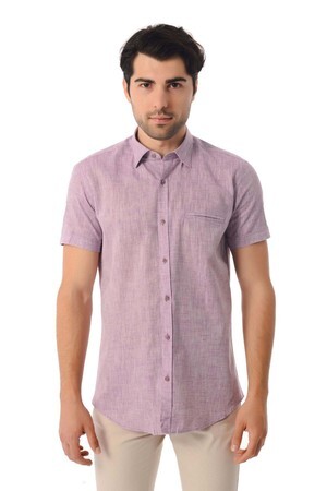 Pembe Slim Fit Kısa Kol Keten Gömlek - 5