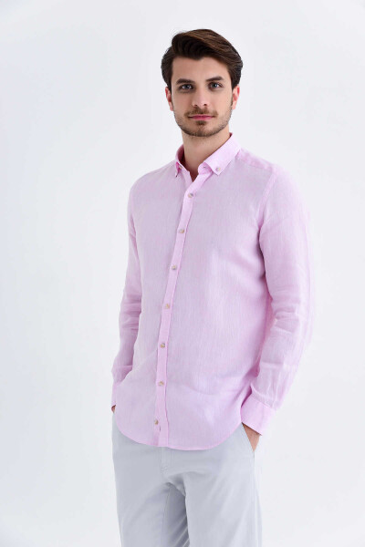 Pembe Slim Fit Keten Gömlek - 1