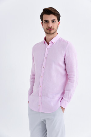 Pembe Slim Fit Keten Gömlek - 6