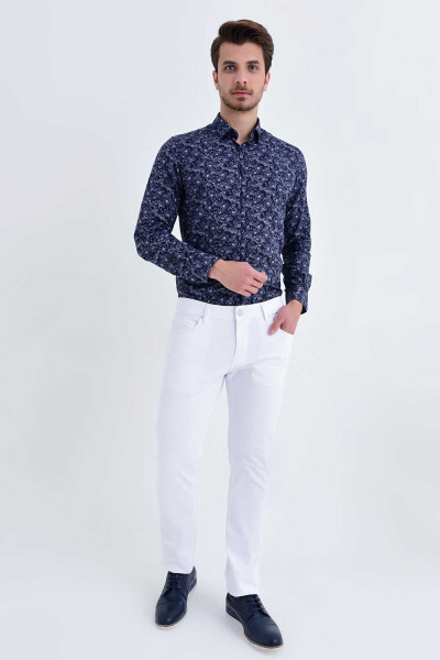 Beyaz Desenli Slim Fit Pantolon - 4
