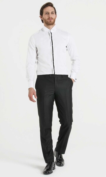 Beyaz Slim Fit Ata Yaka Şeritli %100 Pamuk Uzun Kollu Damatlık Gömlek - 8