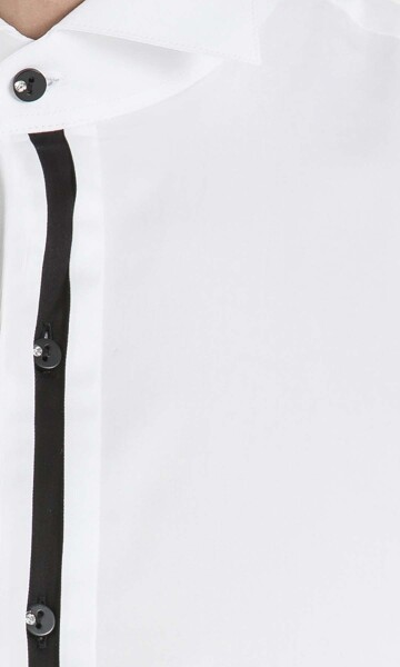 Beyaz Slim Fit Ata Yaka Şeritli %100 Pamuk Uzun Kollu Damatlık Gömlek - 9