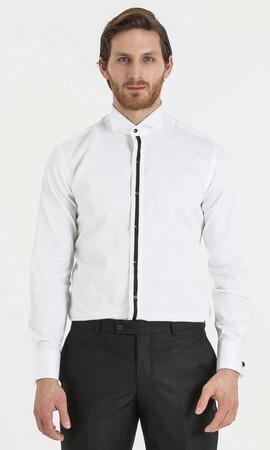 Beyaz Slim Fit Ata Yaka Şeritli %100 Pamuk Uzun Kollu Damatlık Gömlek - 12