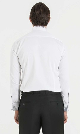 Beyaz Slim Fit Ata Yaka Şeritli %100 Pamuk Uzun Kollu Damatlık Gömlek - Thumbnail