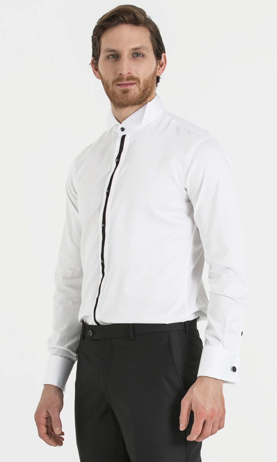 Beyaz Slim Fit Ata Yaka Şeritli %100 Pamuk Uzun Kollu Damatlık Gömlek