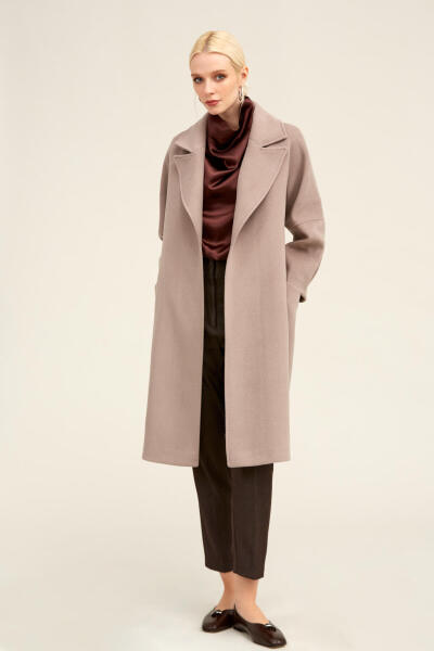 Saykı Woman Taş Regular Fit Ceket Yaka Kaşe Yünlü Oversize Manto - 2